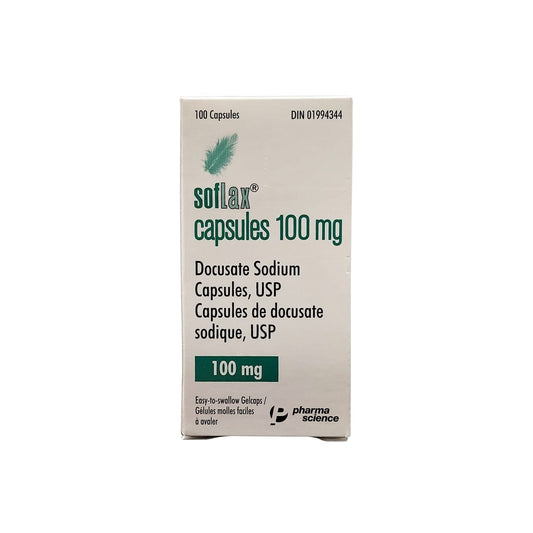 Product label for Pharmascience Soflax Docusate Sodium 100 mg (100 capsules)