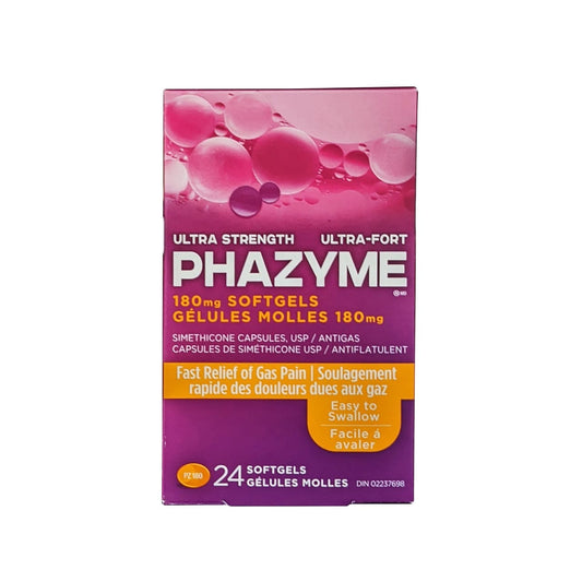 Product label for Phazyme Ultra Strength Simethicone 180 mg (24 softgels)