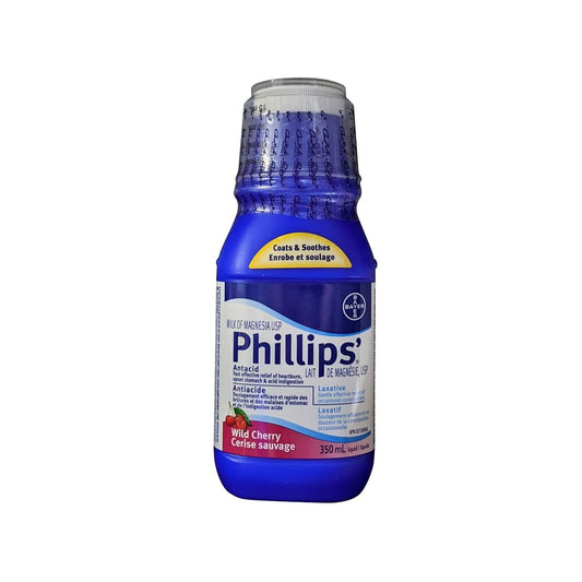 Product label for Phillips Milk of Magnesia Cherry Flavour (350 mL)