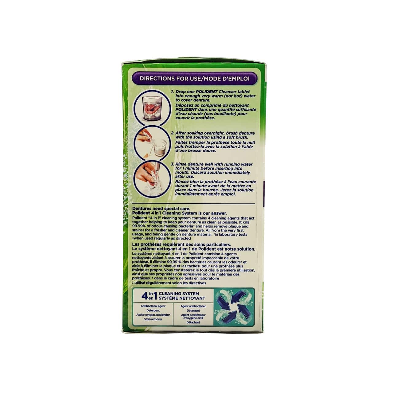 Directions and description for Polident Overnight Antibacterial Cleanser Triple Mint Fresh (96 tablets)