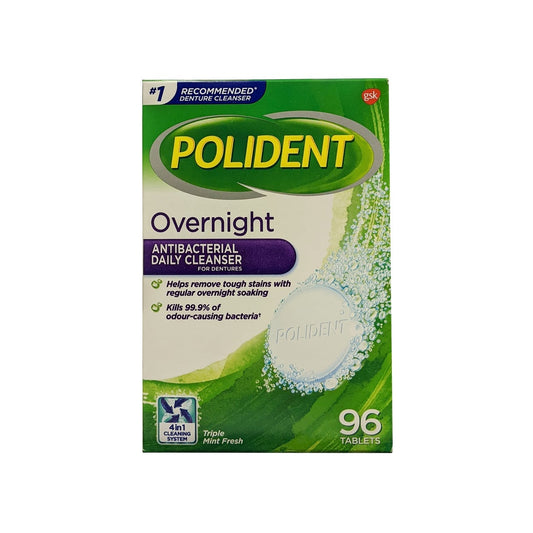 Product label for Polident Overnight Antibacterial Cleanser Triple Mint Fresh (96 tablets) in English