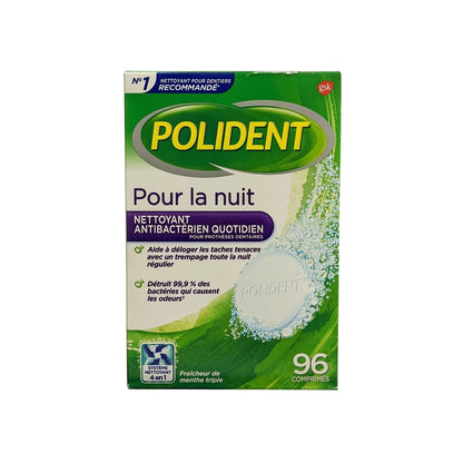 Product label for Polident Overnight Antibacterial Cleanser Triple Mint Fresh (96 tablets) in French