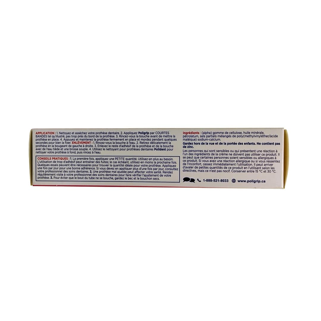 Description, direction, ingredients for Product label for Poligrip Denture Adhesive Cream Flavour Free (40 grams) in French