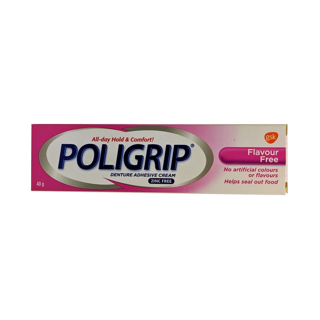 Product label for Poligrip Denture Adhesive Cream Flavour Free (40 grams) in English
