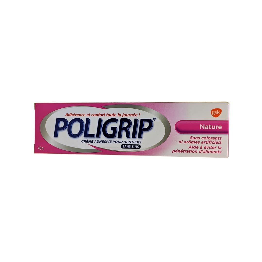 Product label for Poligrip Denture Adhesive Cream Flavour Free (40 grams) in French
