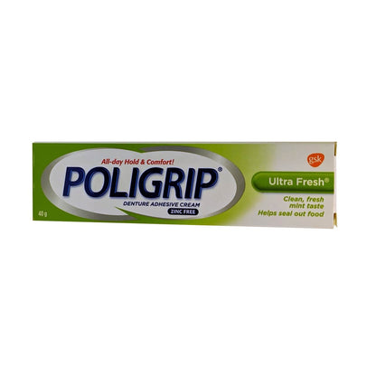 Product label for Poligrip Denture Adhesive Cream Ultra Fresh (40 grams) in English