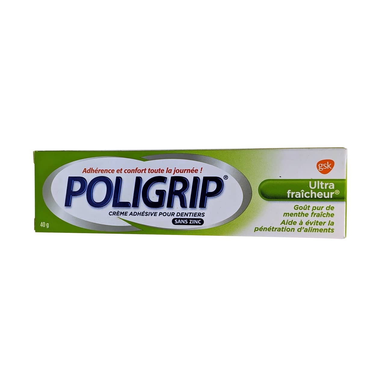 Product label for Poligrip Denture Adhesive Cream Ultra Fresh (40 grams) in French