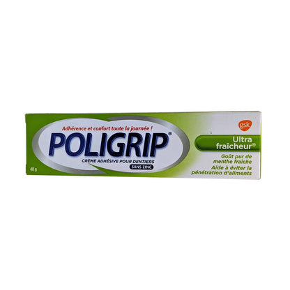 Product label for Poligrip Denture Adhesive Cream Ultra Fresh (40 grams) in French