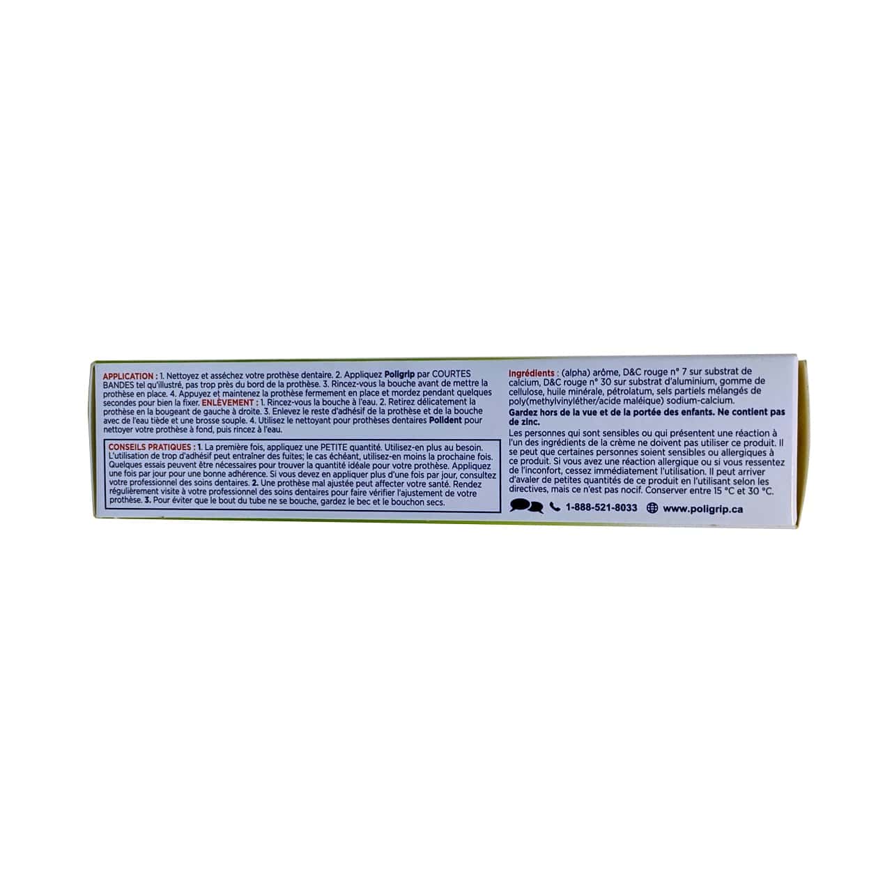 Directions and ingredients for Poligrip Denture Adhesive Cream Ultra Fresh (40 grams) in French