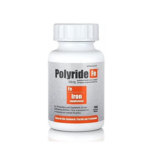 Product label for Polyride Fe 350 mg (100 capsules)