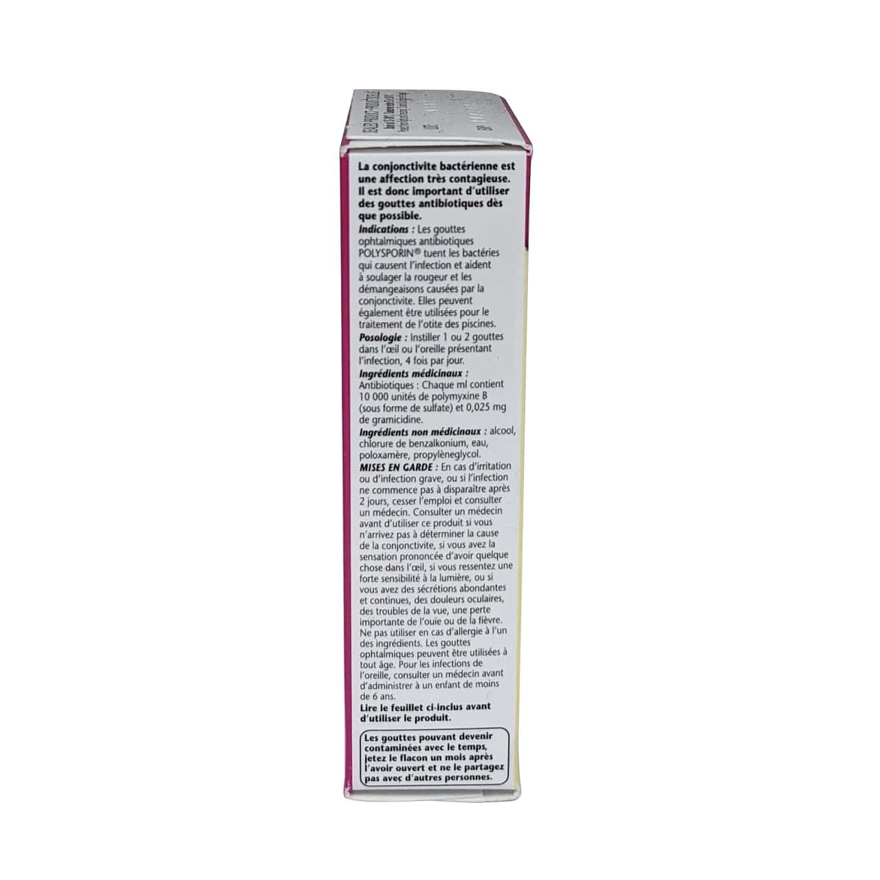 Description, uses, dosage, ingredients, and cautions for Polysporin Antibiotic Eye Drops (15 mL) in French