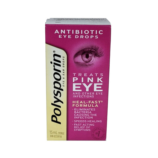 Product label for Polysporin Antibiotic Eye Drops (15 mL) in English