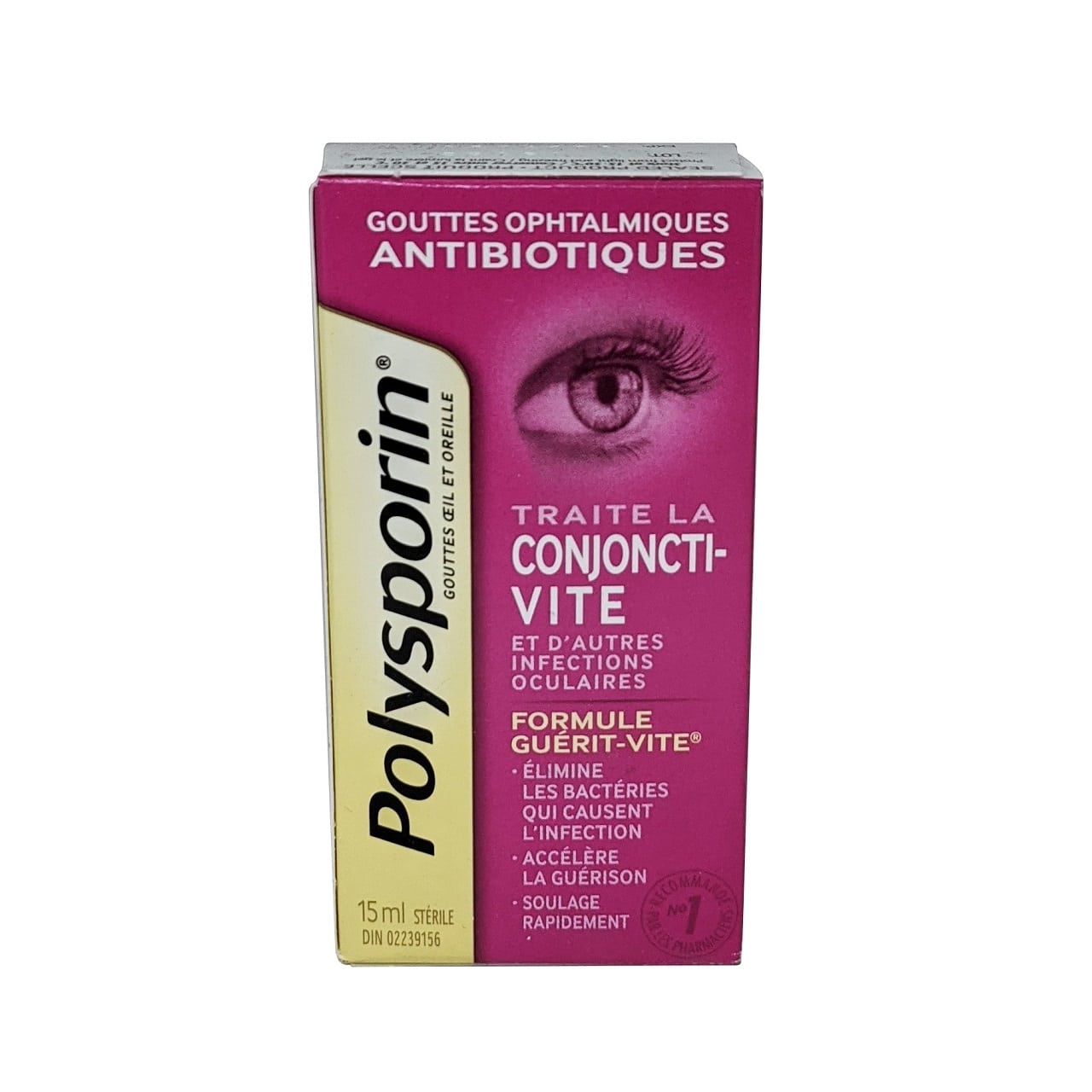 Product label for Polysporin Antibiotic Eye Drops (15 mL) in French