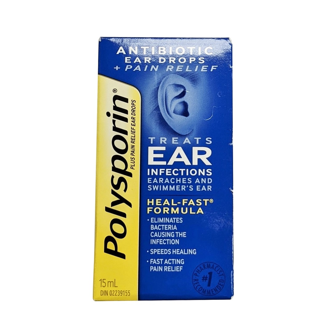 Product label for Polysporin Ear Drops + Pain Relief (15 mL) in English