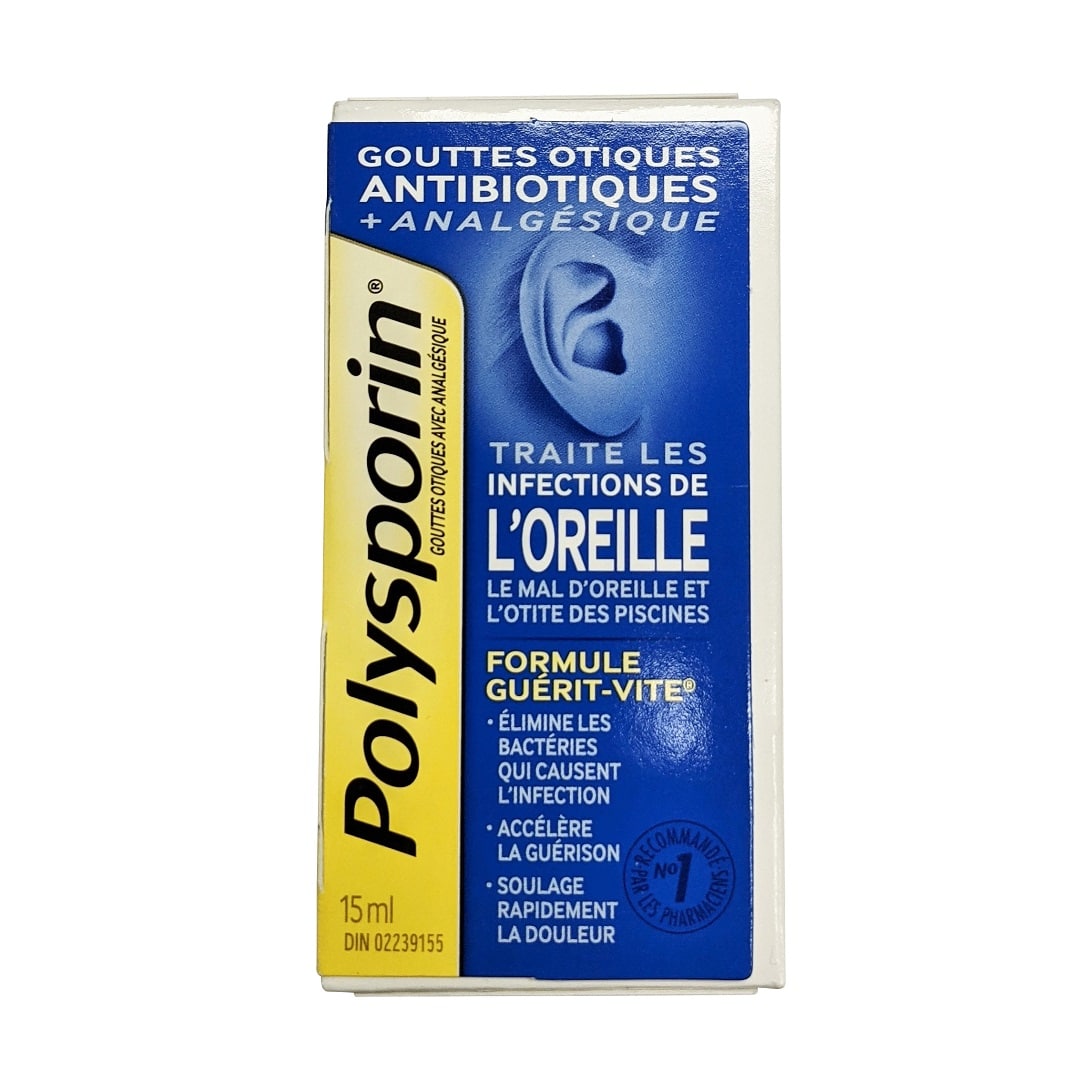 Product label for Polysporin Ear Drops + Pain Relief (15 mL) in French