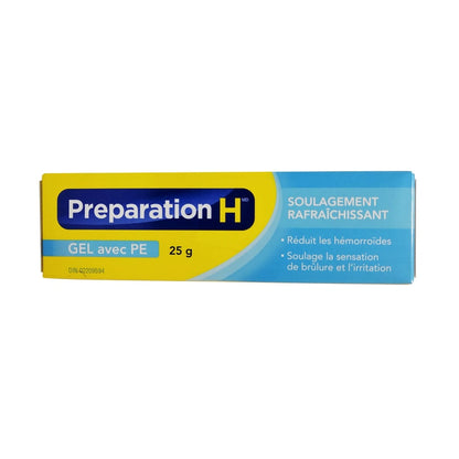 Product label for Preparation H Cooling Relief Gel (25 grams) in French