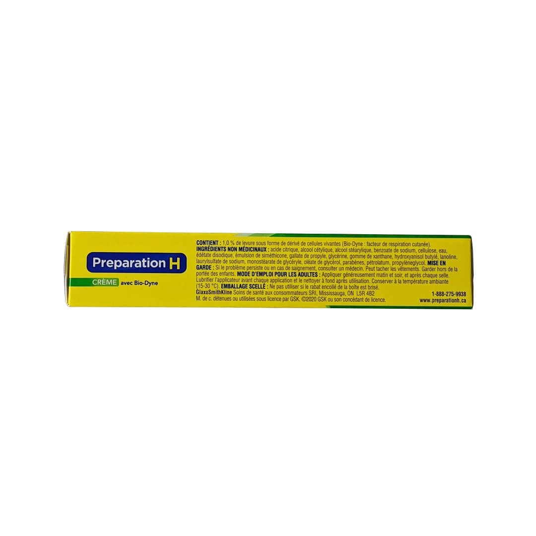 Ingredients, cautions, directions for Preparation H Multi-Symptom Relief Cream with Bio-Dyne (25 grams) in French