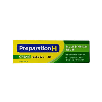 Product label for Preparation H Multi-Symptom Relief Cream with Bio-Dyne (25 grams) in English