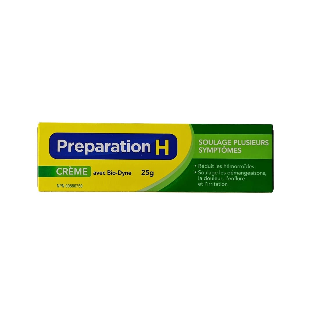 Product label for Preparation H Multi-Symptom Relief Cream with Bio-Dyne (25 grams) in French