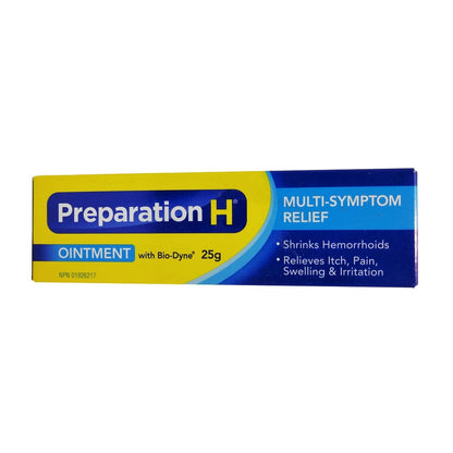 Product label for Preparation H Multi-Symptom Relief Ointment (25 grams) in English