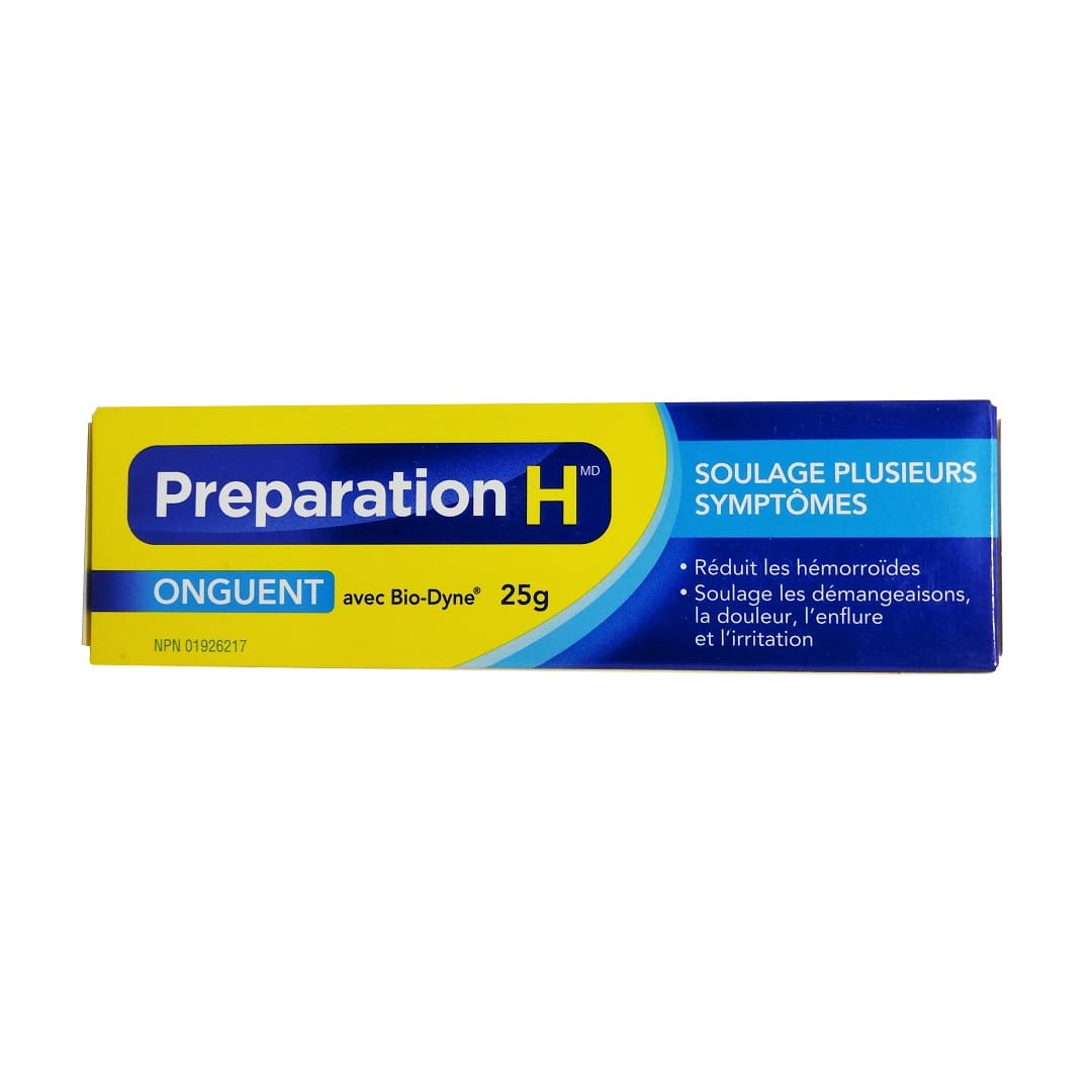 Product label for Preparation H Multi-Symptom Relief Ointment (25 grams) in French