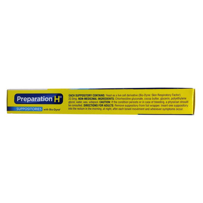 Ingredients, caution, and directions for Preparation H Multi-Symptom Relief Suppositories (12 suppositories) in English