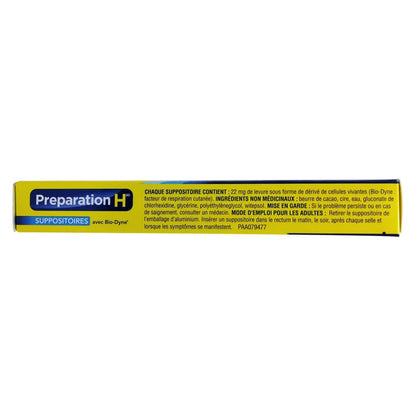 Ingredients, caution, and directions for Preparation H Multi-Symptom Relief Suppositories (12 suppositories) in French