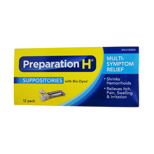 Product label for Preparation H Multi-Symptom Relief Suppositories (12 suppositories) in English