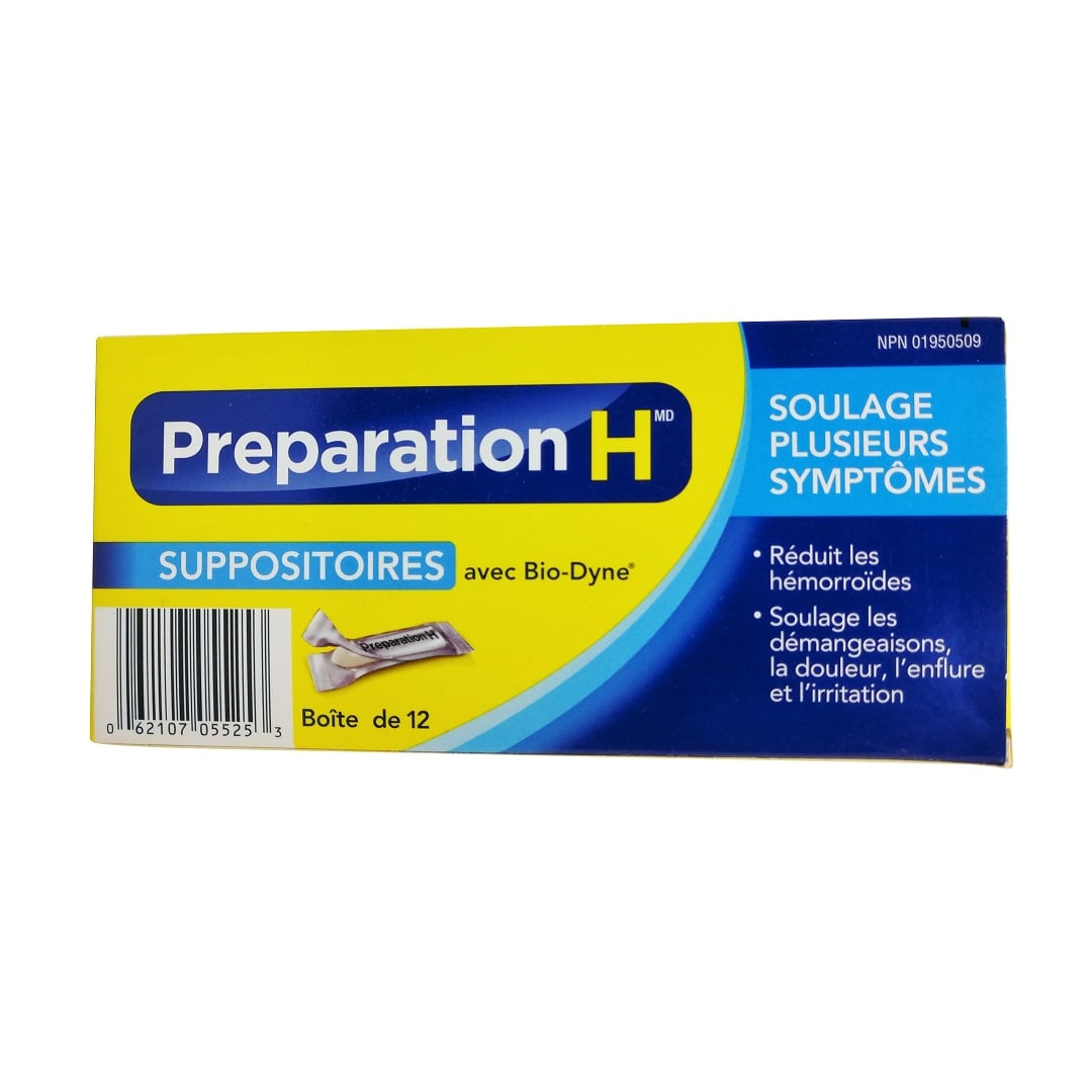 Product label for Preparation H Multi-Symptom Relief Suppositories (12 suppositories) in French