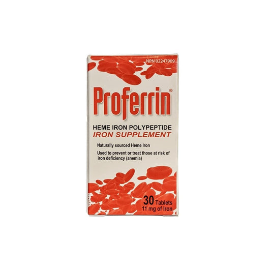 Product label for Proferrin Heme Iron Polypeptide Iron Supplement 11 mg (30 tablets) in English