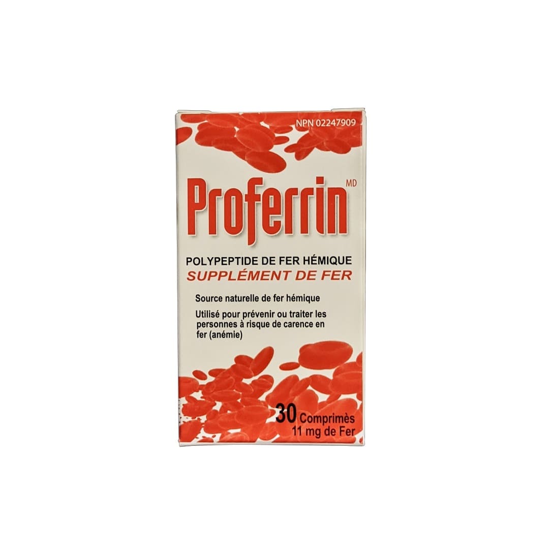 Product label for Proferrin Heme Iron Polypeptide Iron Supplement 11 mg (30 tablets) in French