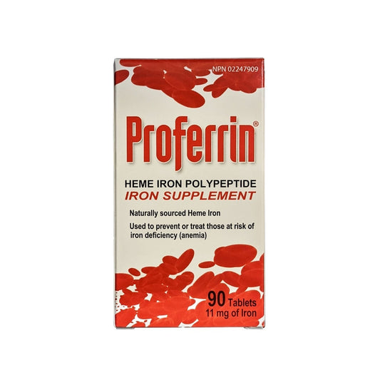 Product label for Proferrin Heme Iron Polypeptide Iron Supplement 11 mg (90 tablets) in English