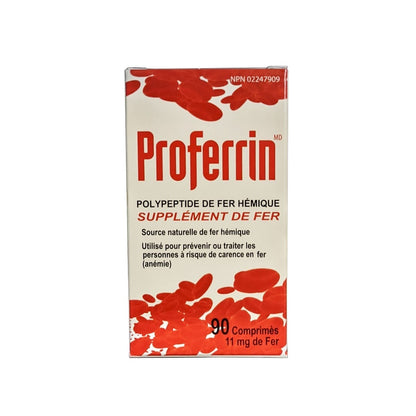 Product label for Proferrin Heme Iron Polypeptide Iron Supplement 11 mg (90 tablets) in French