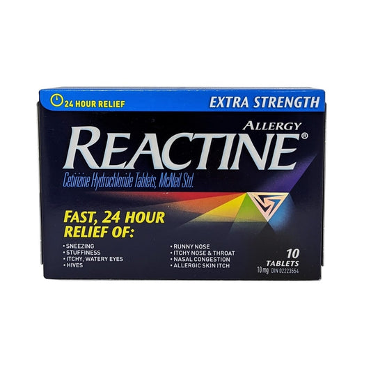 Product label for Reactine Extra Strength Cetirizine Hydrochloride 10mg 10 tabs in English