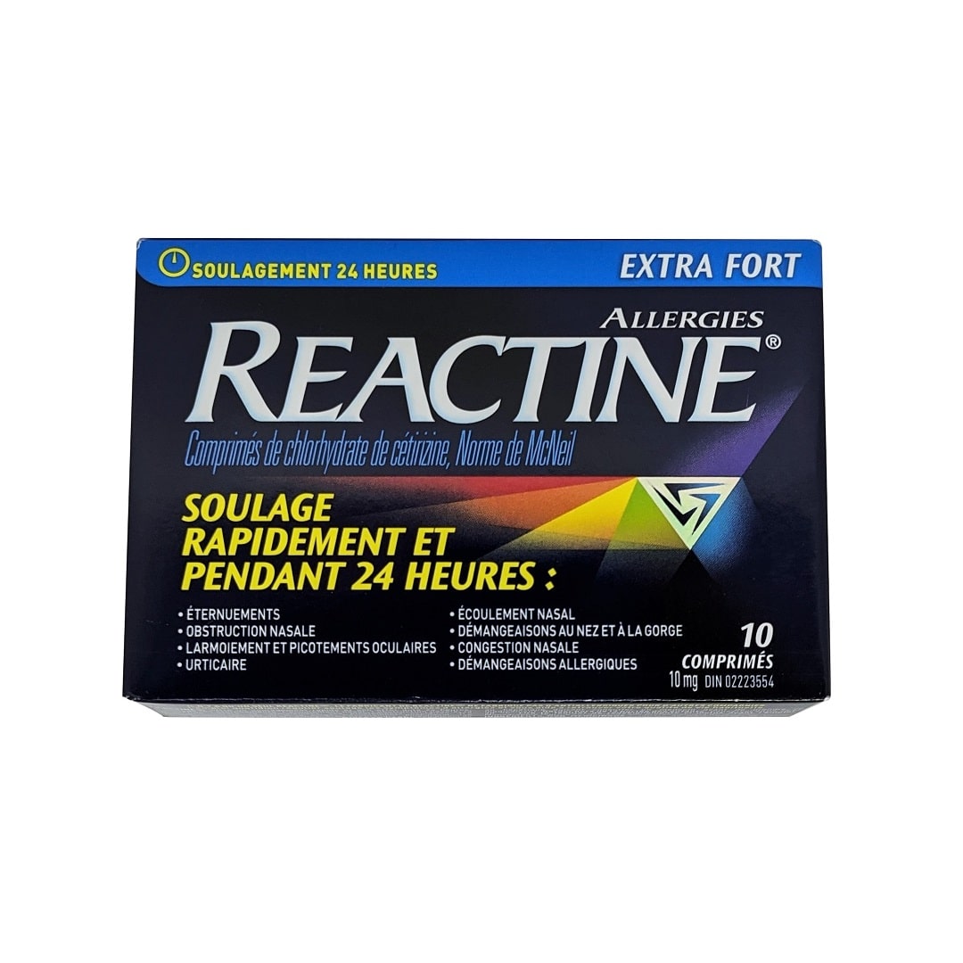Product label for Reactine Extra Strength Cetirizine Hydrochloride 10mg 10 tabs in French