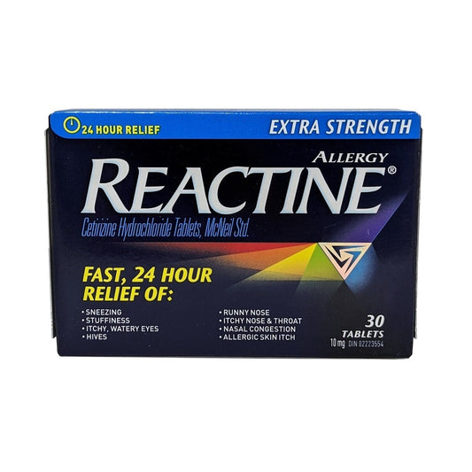 Product label for Reactine Extra Strength Cetirizine Hydrochloride 10mg 30 tabs in English