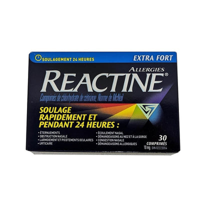 Product label for Reactine Extra Strength Cetirizine Hydrochloride 10mg 30 tabs in French