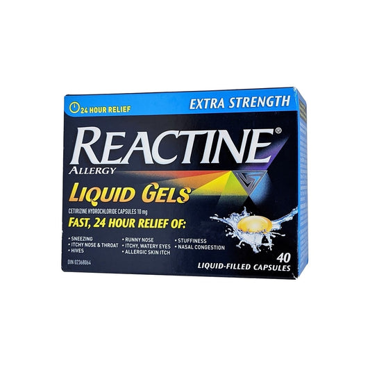 Product label for Reactine Extra Strength Cetirizine Hydrochloride 10mg 40 caps in English