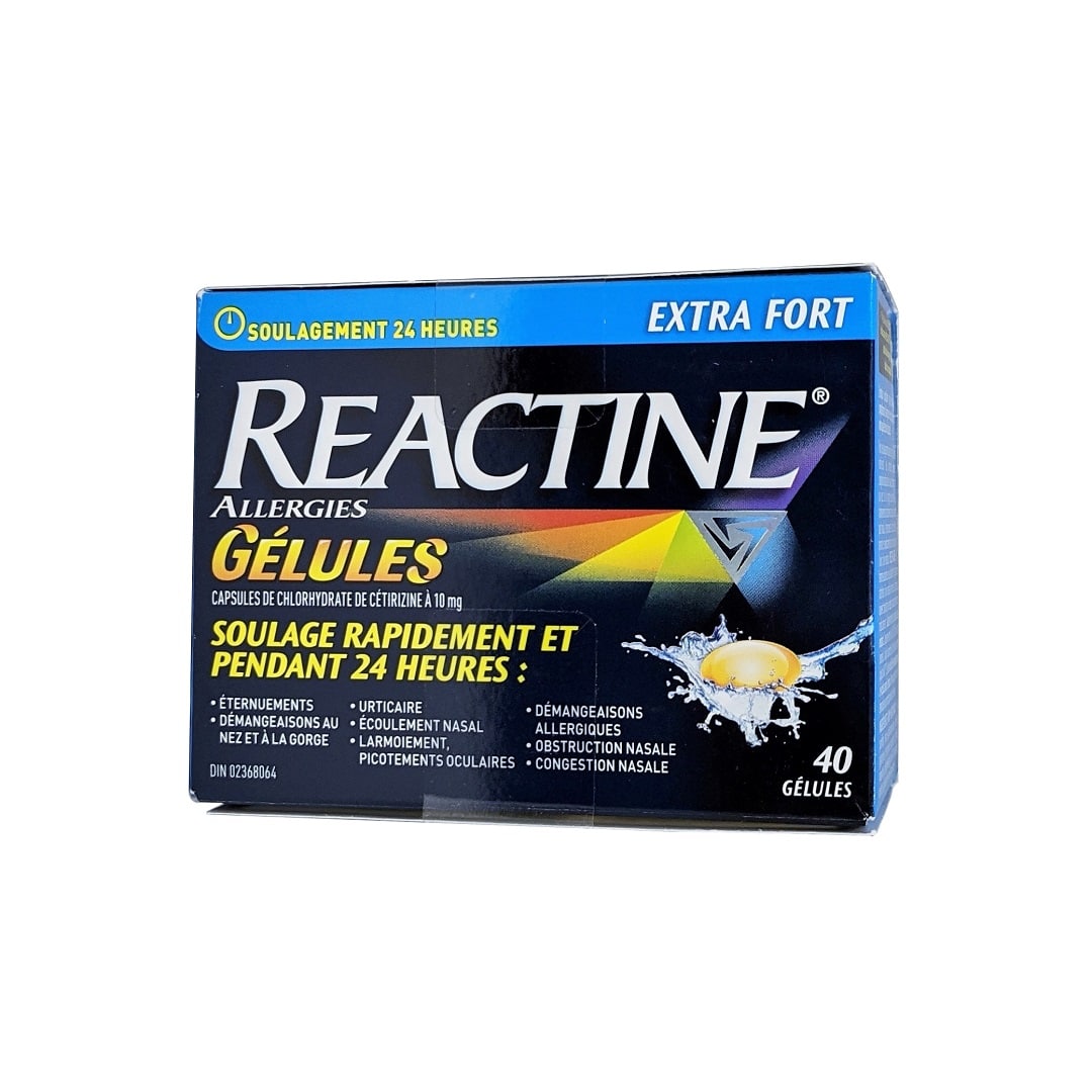 Product label for Reactine Extra Strength Cetirizine Hydrochloride 10mg 40 caps in French