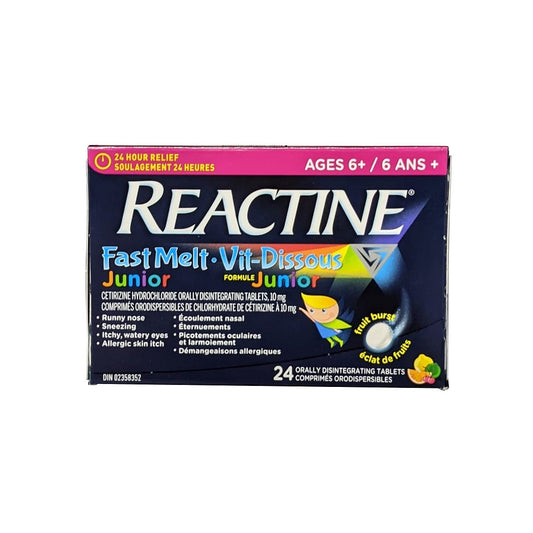 Product label for Reactine Junior Fast Melt Fruit Burst Flavour (24 tablets)