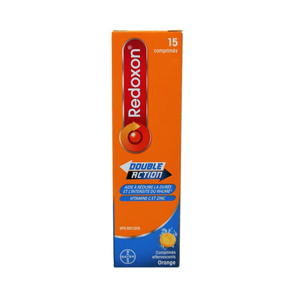 Product label for Redoxon Double Action Vitamin C and Zinc Effervescent Tablets (15 dissolvable tablets) in French