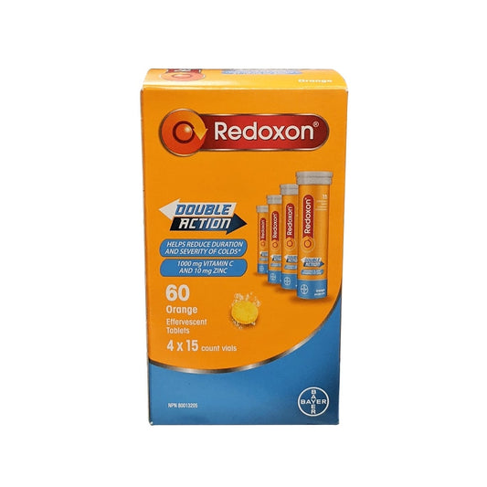 Product label for Redoxon Double Action Vitamin C and Zinc Effervescent Tablets (15 tablets x 4 vials) in English