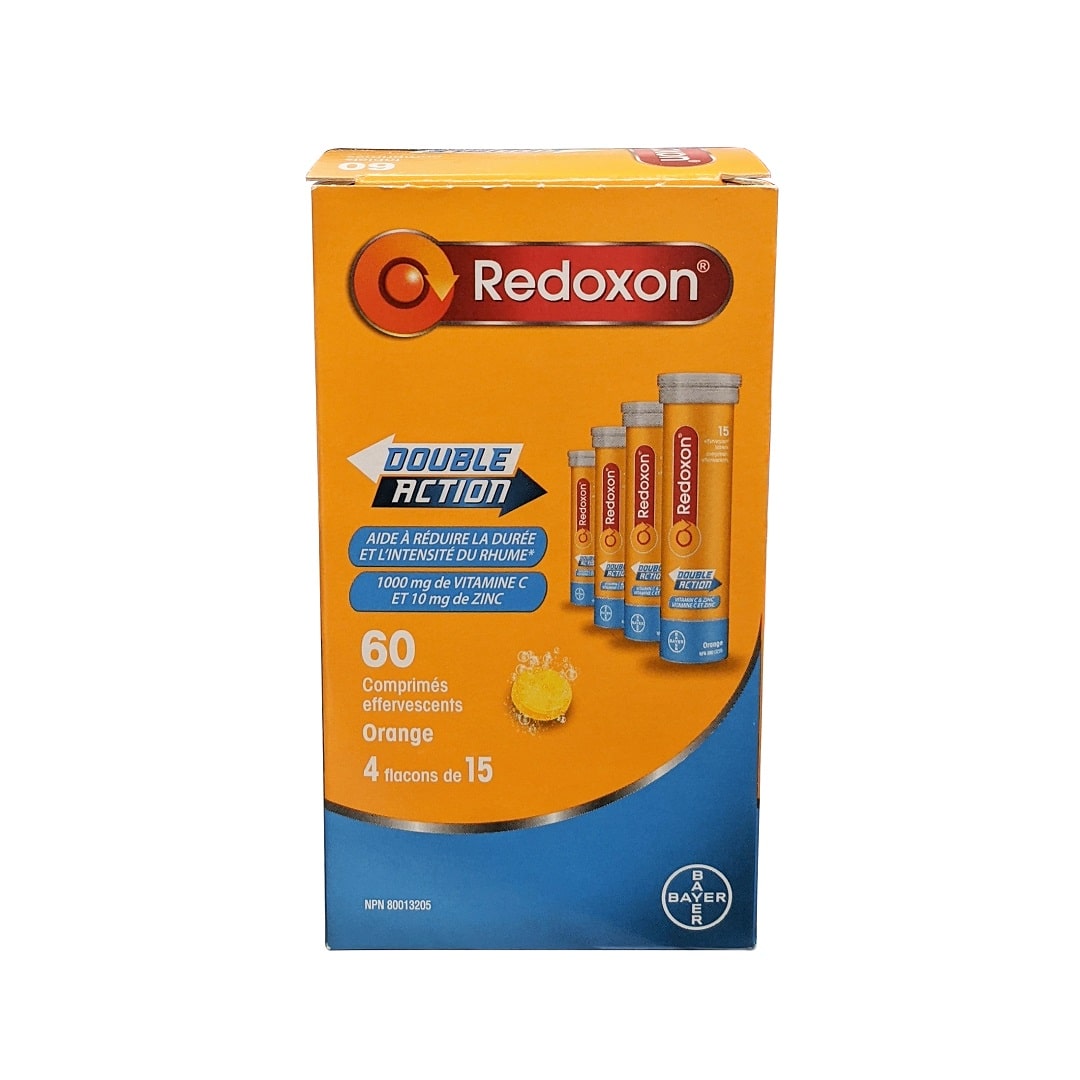 Product label for Redoxon Double Action Vitamin C and Zinc Effervescent Tablets (15 tablets x 4 vials) in French