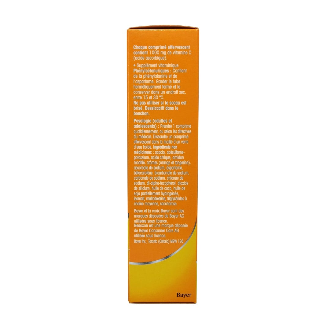 Description, ingredients, and directions for  Redoxon Vitamin C Effervescent Tablets 1000mg (15 dissolvable tablets) in French