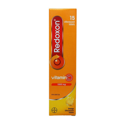 Product label for Redoxon Vitamin C Effervescent Tablets 1000mg (15 dissolvable tablets) in English