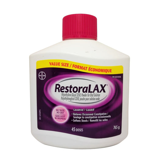 Product label for RestoraLAX Laxative Powder (765g, 45 doses)