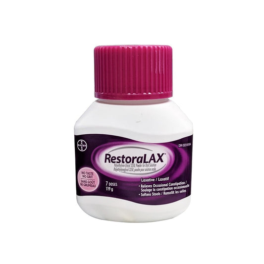 Product label for RestoraLAX Laxative Powder (119g, 7 doses)