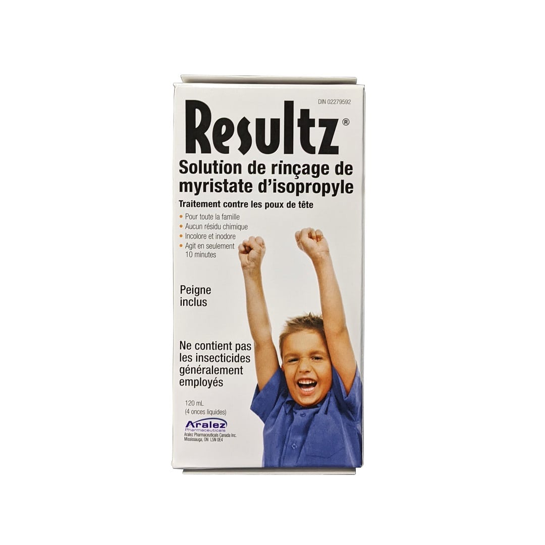 Product label for Resultz Isopropyl Myristate Rinse Head Lice Treatment (120 mL) in French