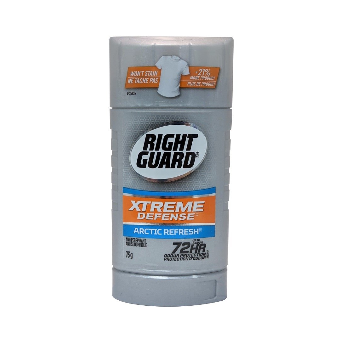 Product label for Right Guard Xtreme Defense Arctic Refresh Antiperspirant 72 Hour Protection (73 grams)