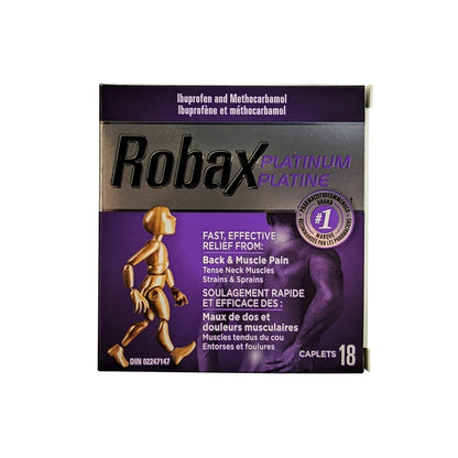 Product label for Robax Platinum (18 Caplets)